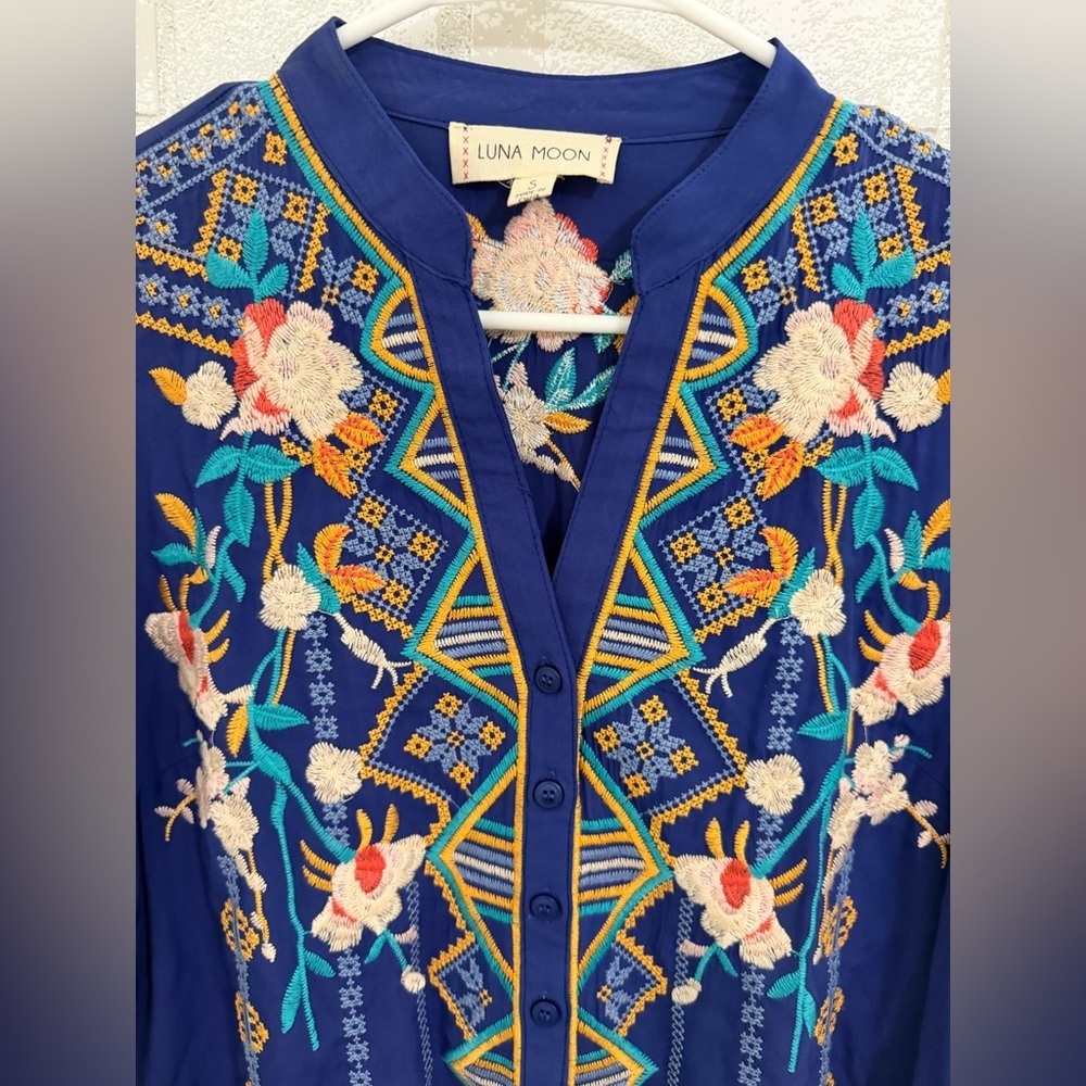 Luna Moon Anthropologie Embroidered Floral Tunic bohemian embroidered #3041 - Picture 2 of 9